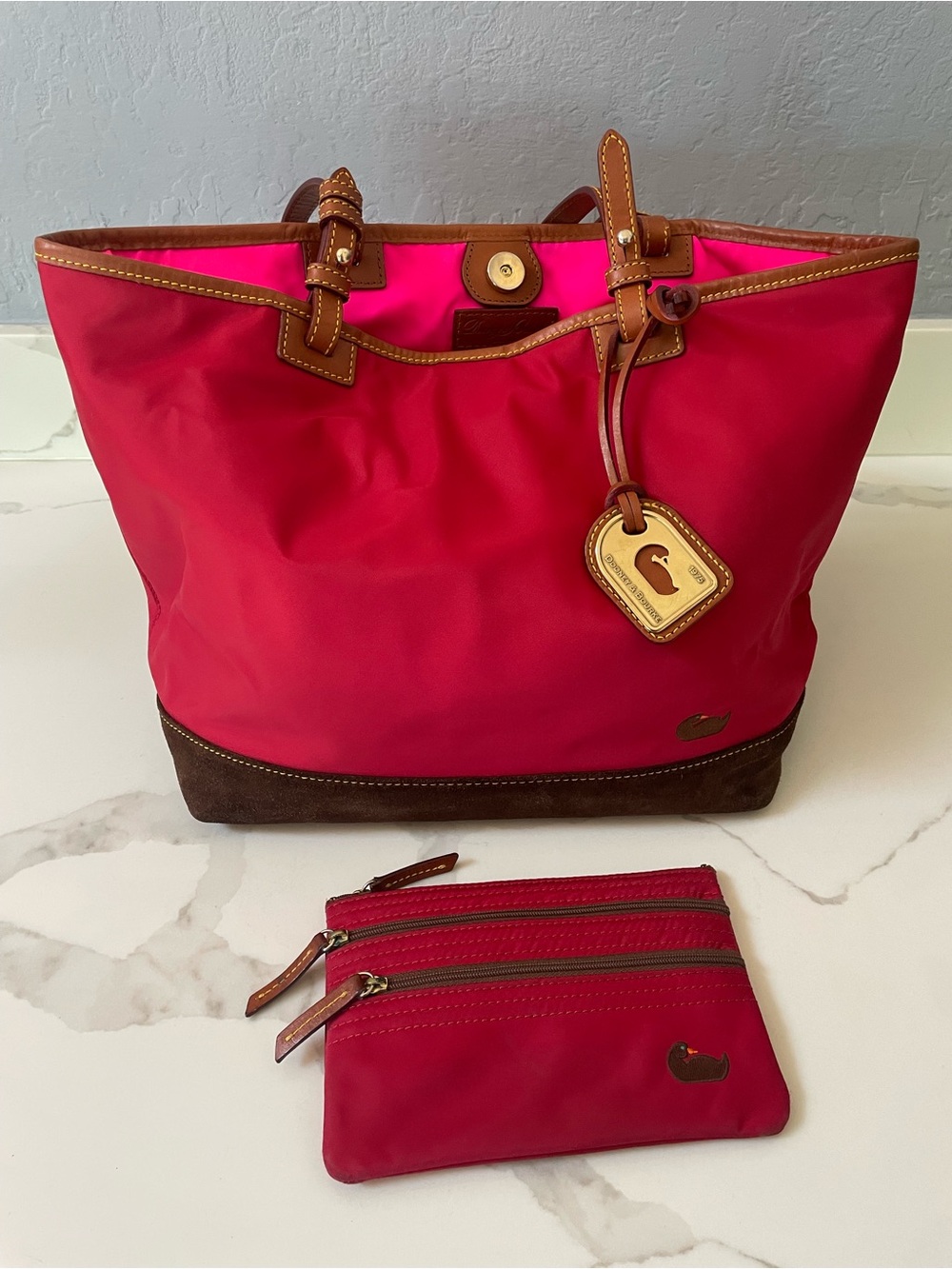 Dooney & Bourke Red, Hot Pink w/ Brown Leather Trim Tote w/ Matching Zip Pouch